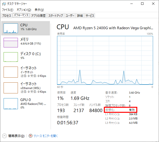 CPU　仮想化設定の確認