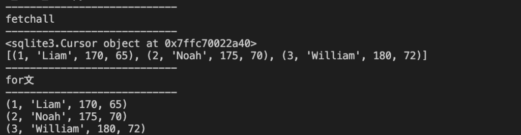 sqlite3 SELECT
fetchallとfor文