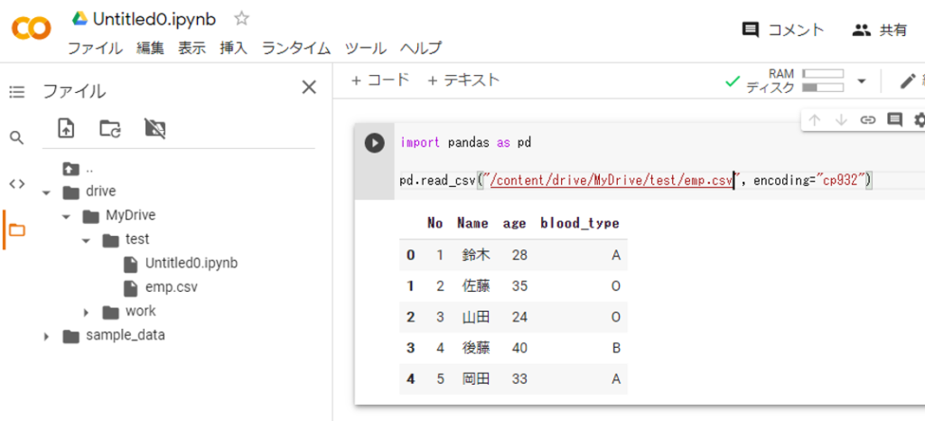 マウントしたGoogleドライブ上にあるCSVファイルをPandsに読み込み