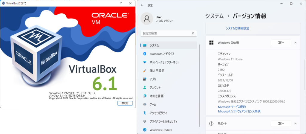 VirtualBoxとWin11のVersion情報